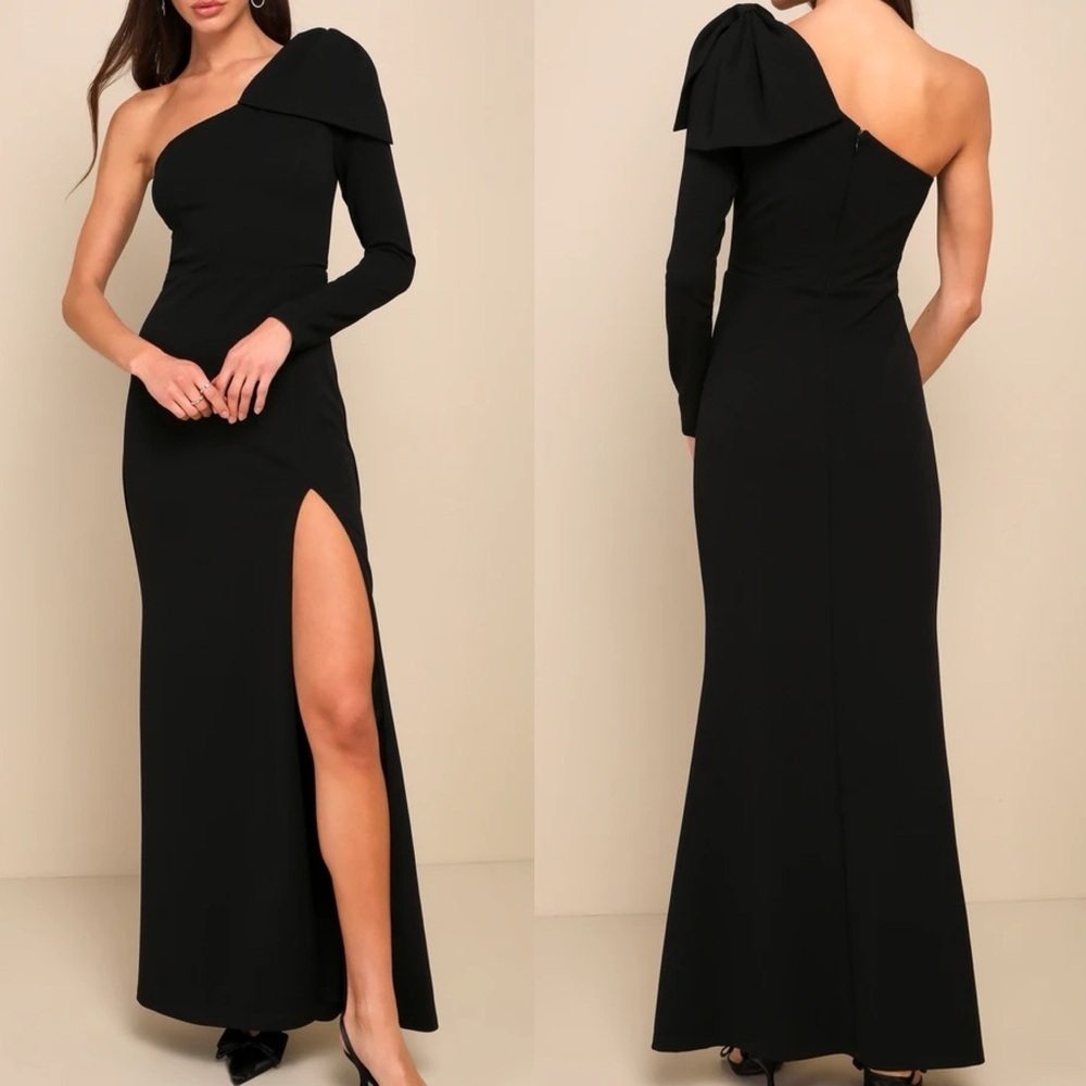 Lulu's Black One-Shoulder Maxi Gown with Dramatic Puff Shoulder and High Slit